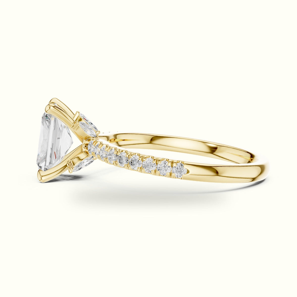 Radiant Cross-Over Hidden Halo Pavé Engagement Ring — Yellow gold, view 3 | Crystal N Cuts