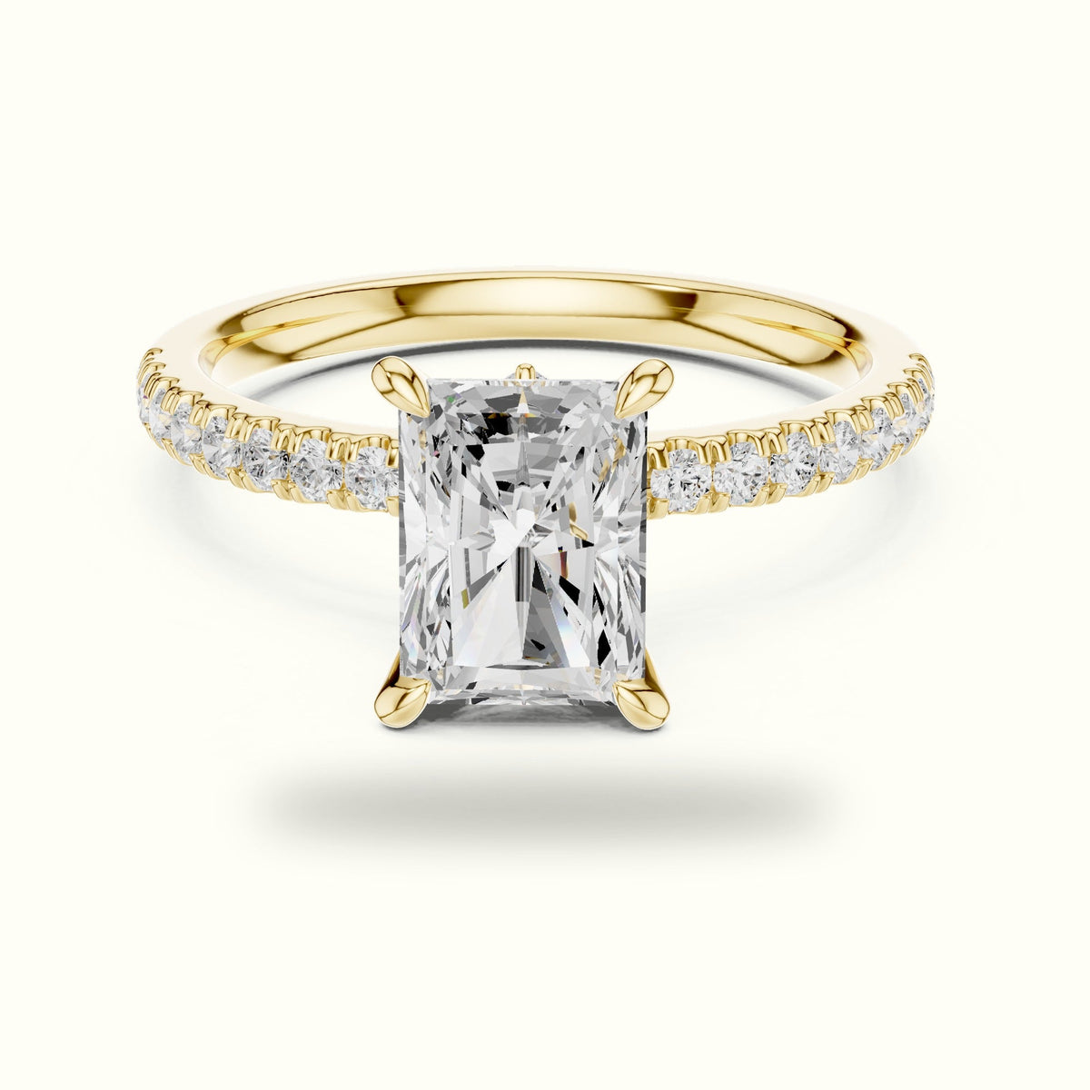 Radiant Cross-Over Hidden Halo Pavé Engagement Ring — Yellow gold, front view | Crystal N Cuts