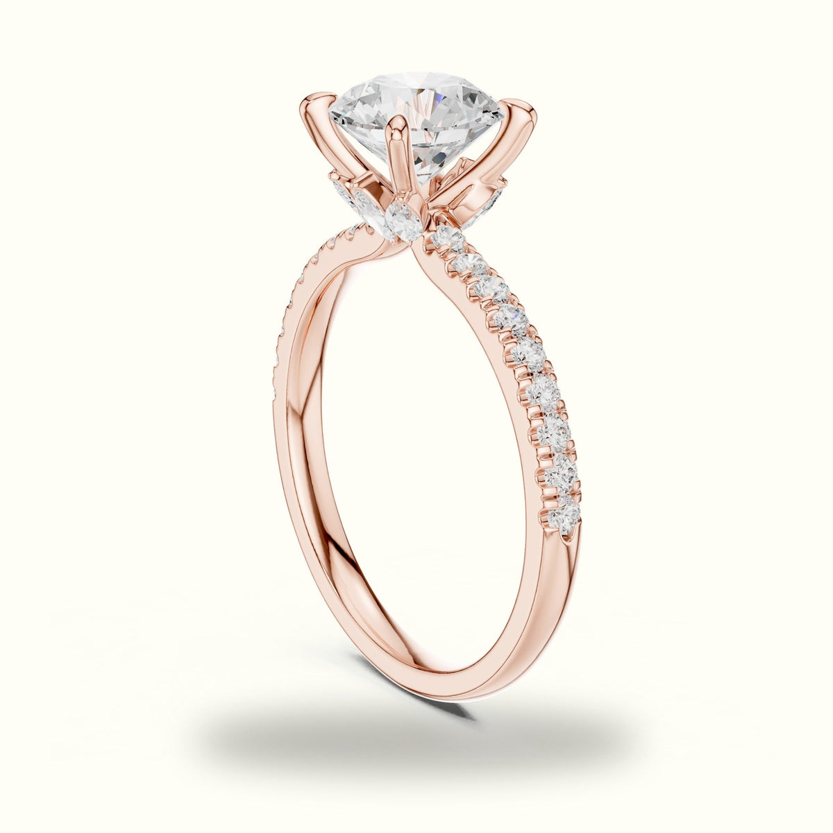 Round Cross-Over Hidden Halo Pavé Engagement Ring — Rose gold, view 1 | Crystal N Cuts