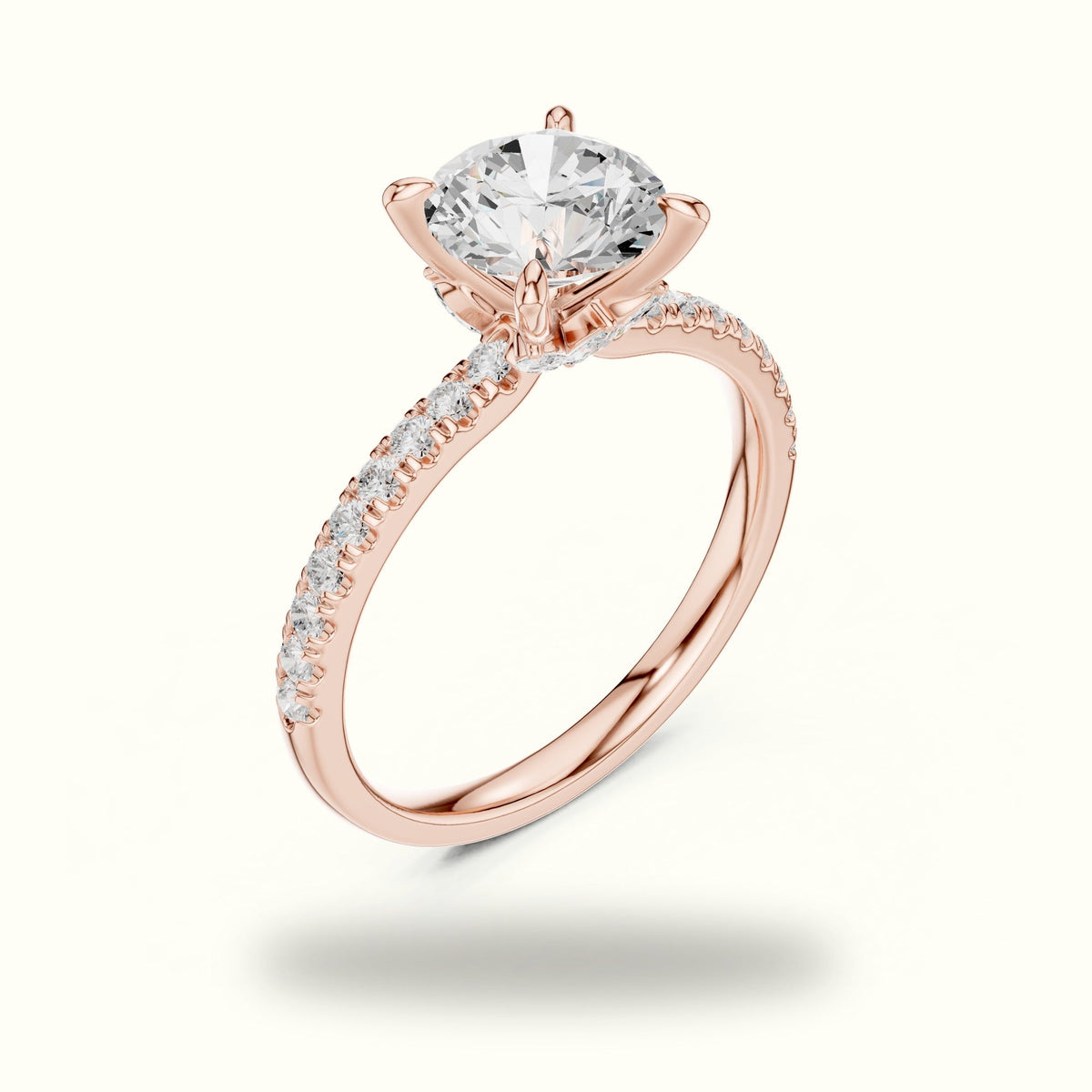 Round Cross-Over Hidden Halo Pavé Engagement Ring — Rose gold, view 2 | Crystal N Cuts