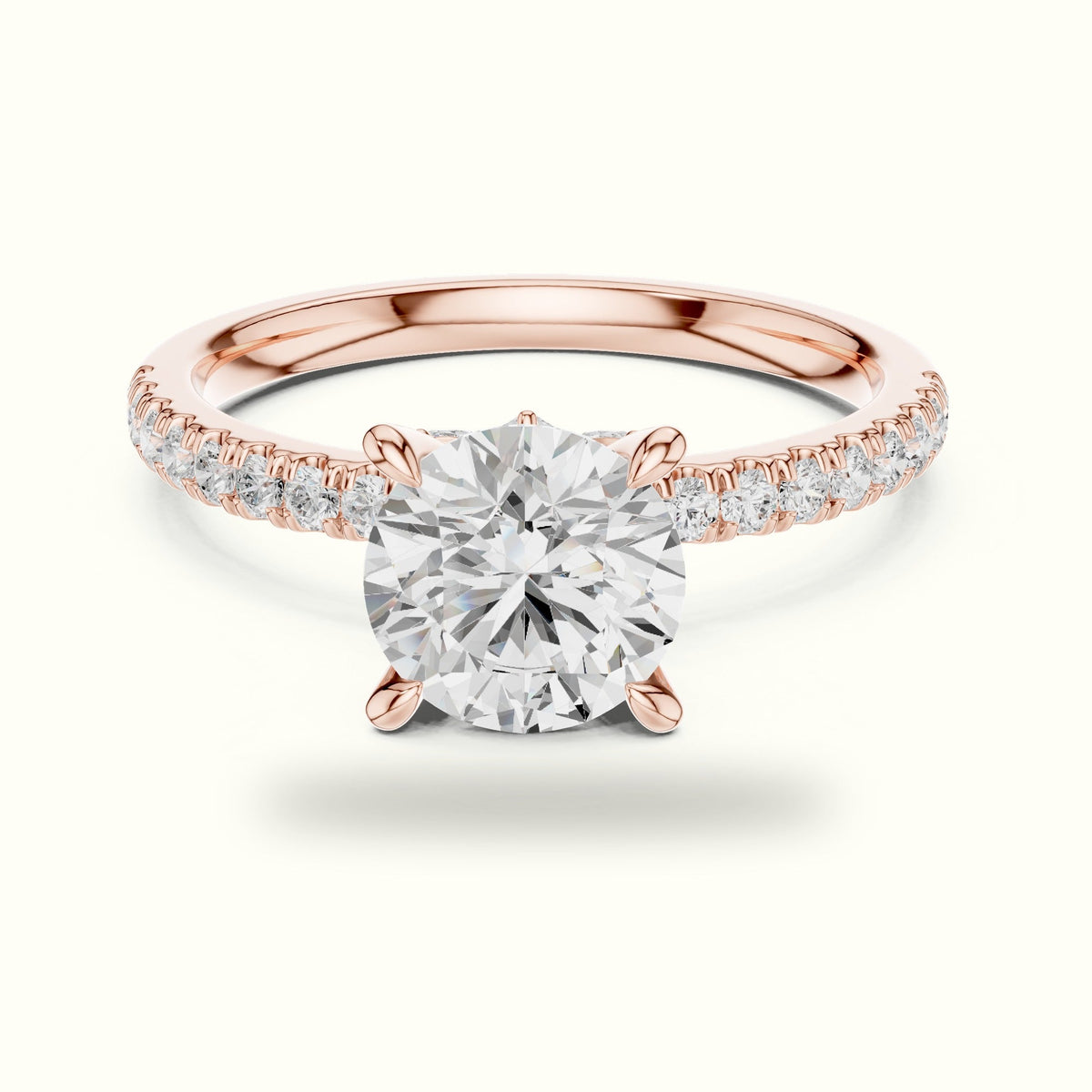 Round Cross-Over Hidden Halo Pavé Engagement Ring — Rose gold, front view | Crystal N Cuts