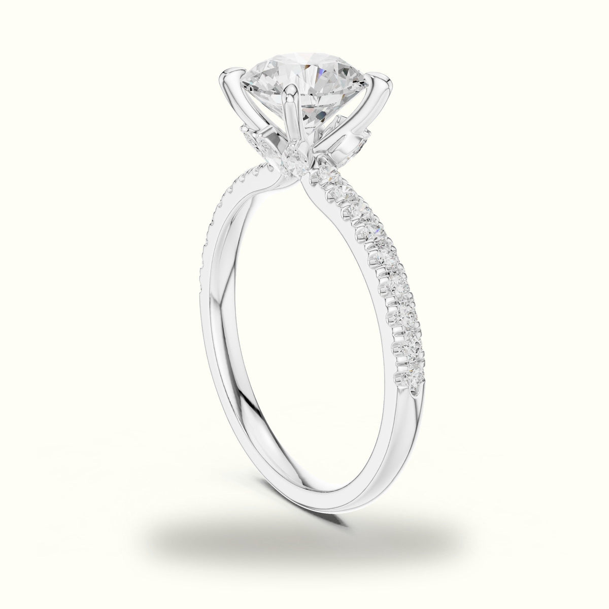 Round Cross-Over Hidden Halo Pavé Engagement Ring — White gold, view 1 | Crystal N Cuts