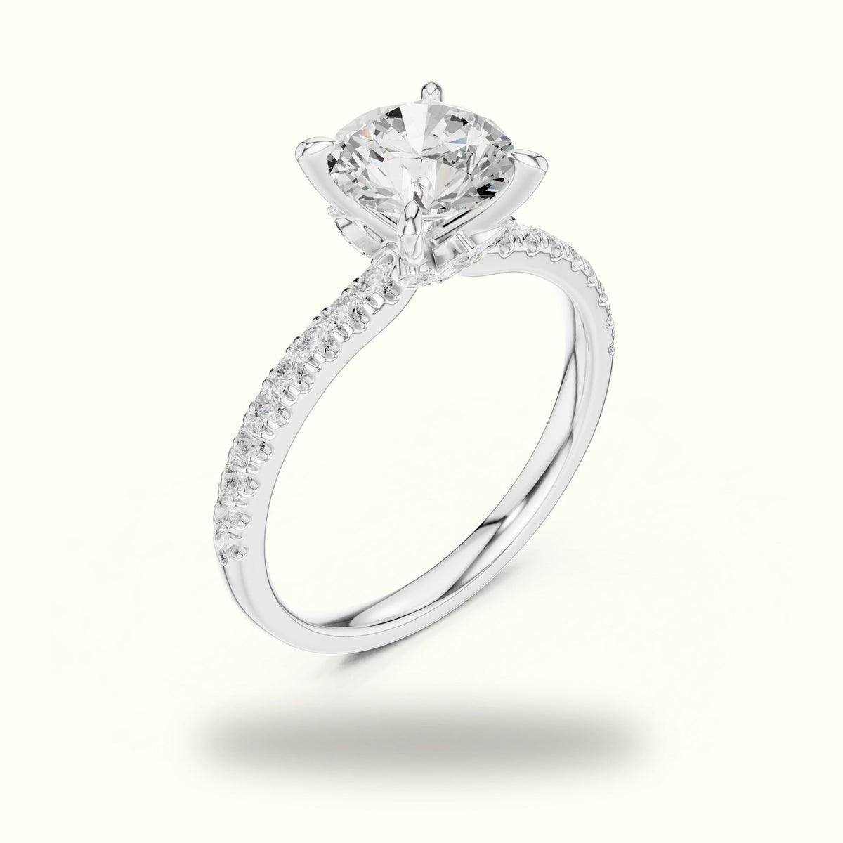 Round Cross-Over Hidden Halo Pavé Engagement Ring — White gold, view 2 | Crystal N Cuts