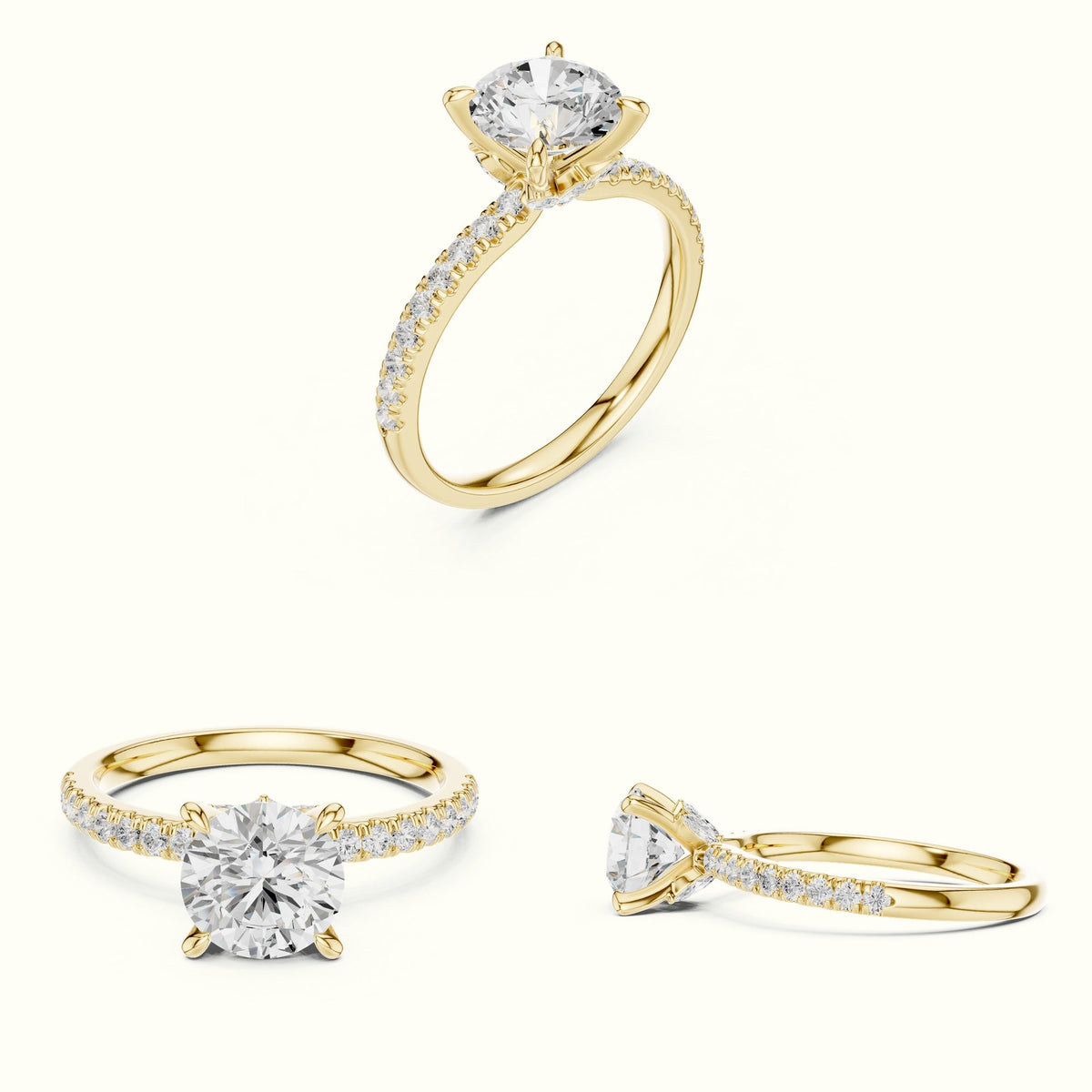 Round Cross-Over Hidden Halo Pavé Engagement Ring — Yellow gold, on the hand | Crystal N Cuts