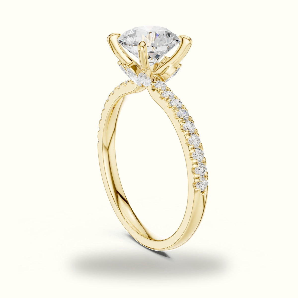 Round Cross-Over Hidden Halo Pavé Engagement Ring — Yellow gold, view 1 | Crystal N Cuts
