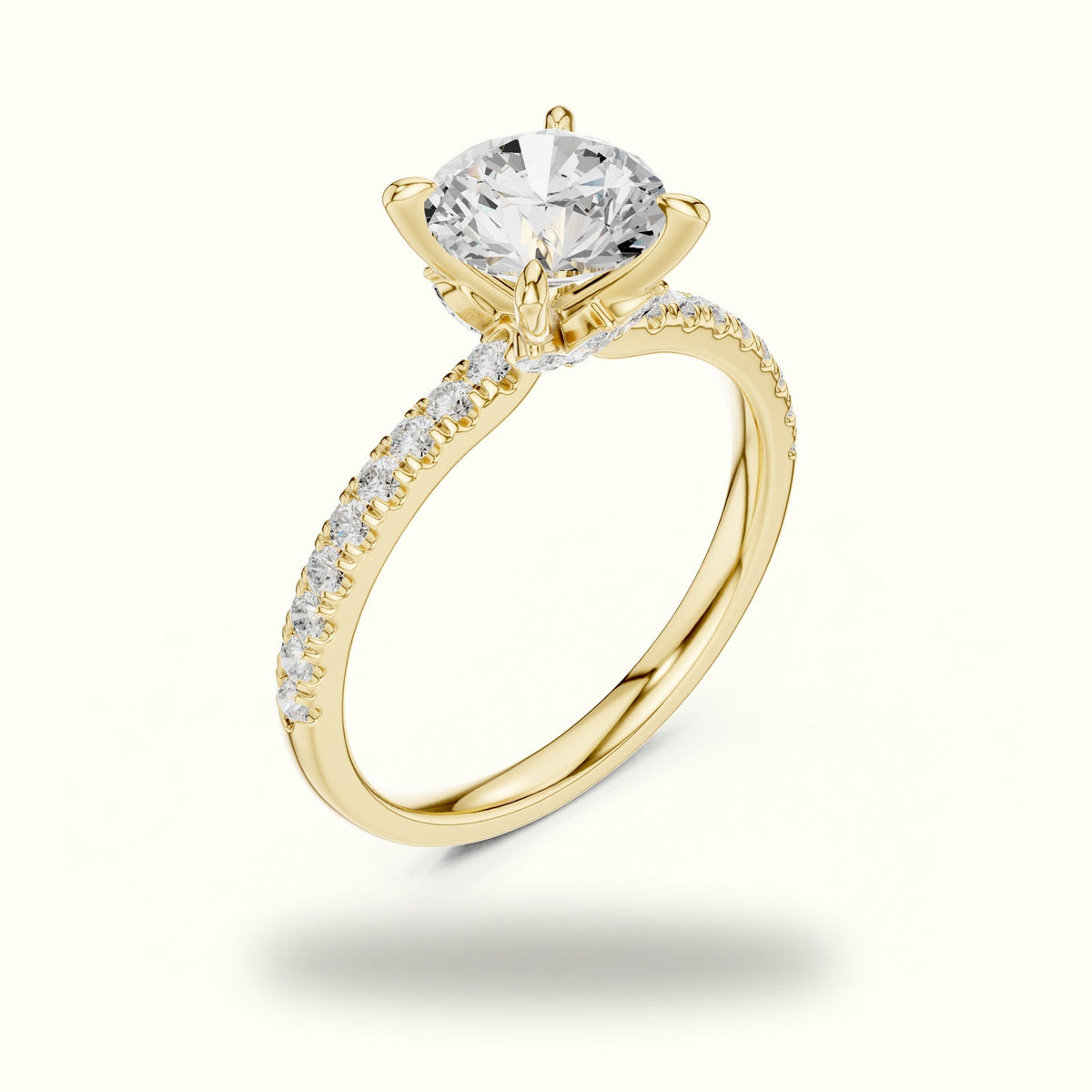 Round Cross-Over Hidden Halo Pavé Engagement Ring — Yellow gold, view 2 | Crystal N Cuts