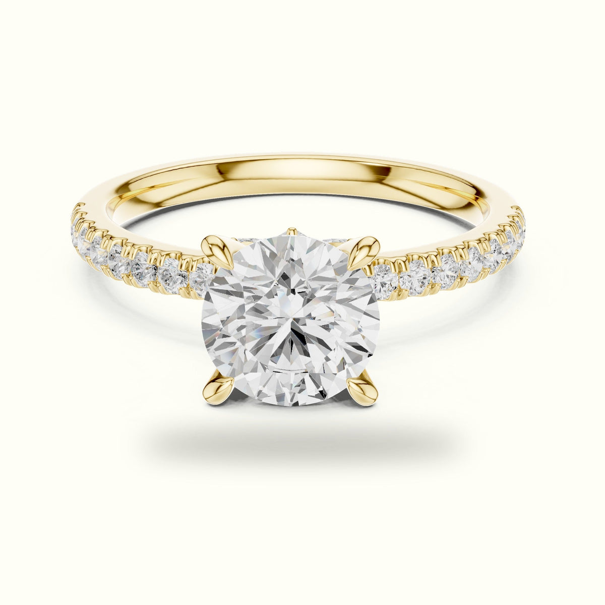 Round Cross-Over Hidden Halo Pavé Engagement Ring — Yellow gold, front view | Crystal N Cuts