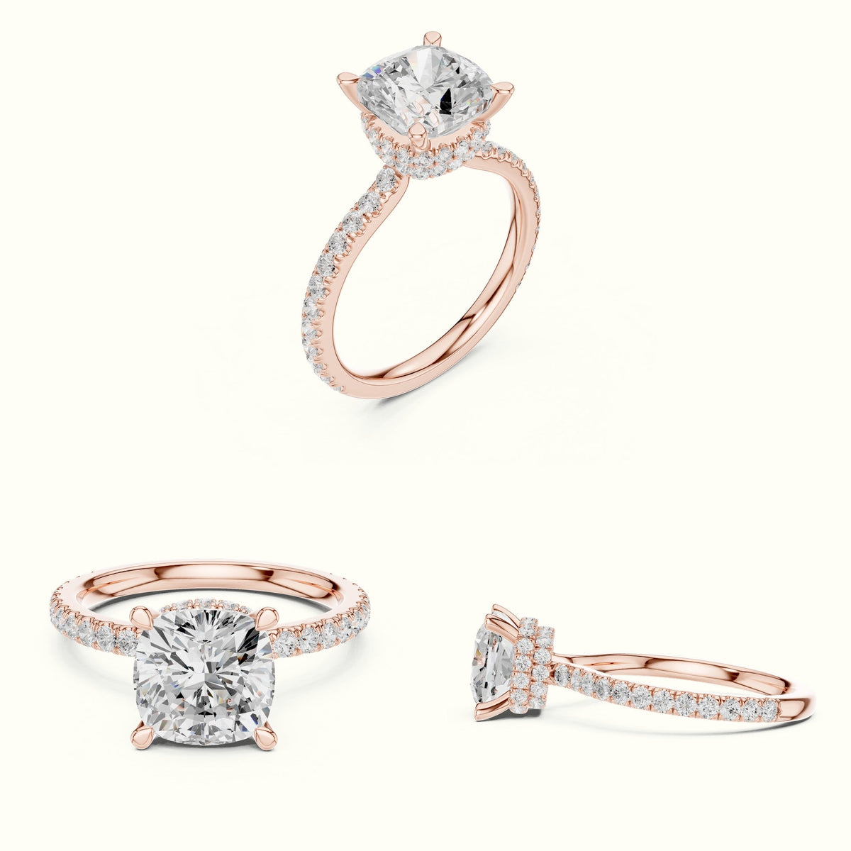 Cushion Double Hidden Halo Ring - DDLR-1017 — Rose gold, on the hand | Crystal N Cuts