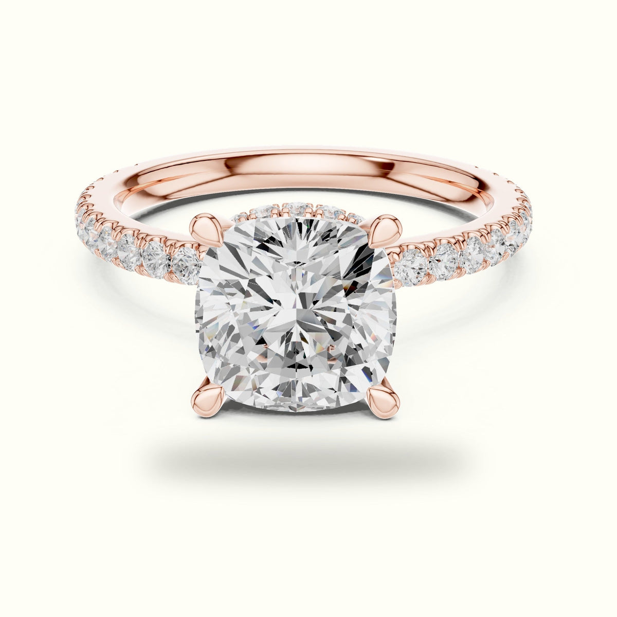Cushion Double Hidden Halo Ring - DDLR-1017 — Rose gold, front view | Crystal N Cuts