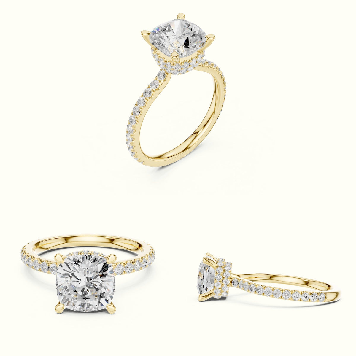 Cushion Double Hidden Halo Ring - DDLR-1017 — Yellow gold, on the hand | Crystal N Cuts