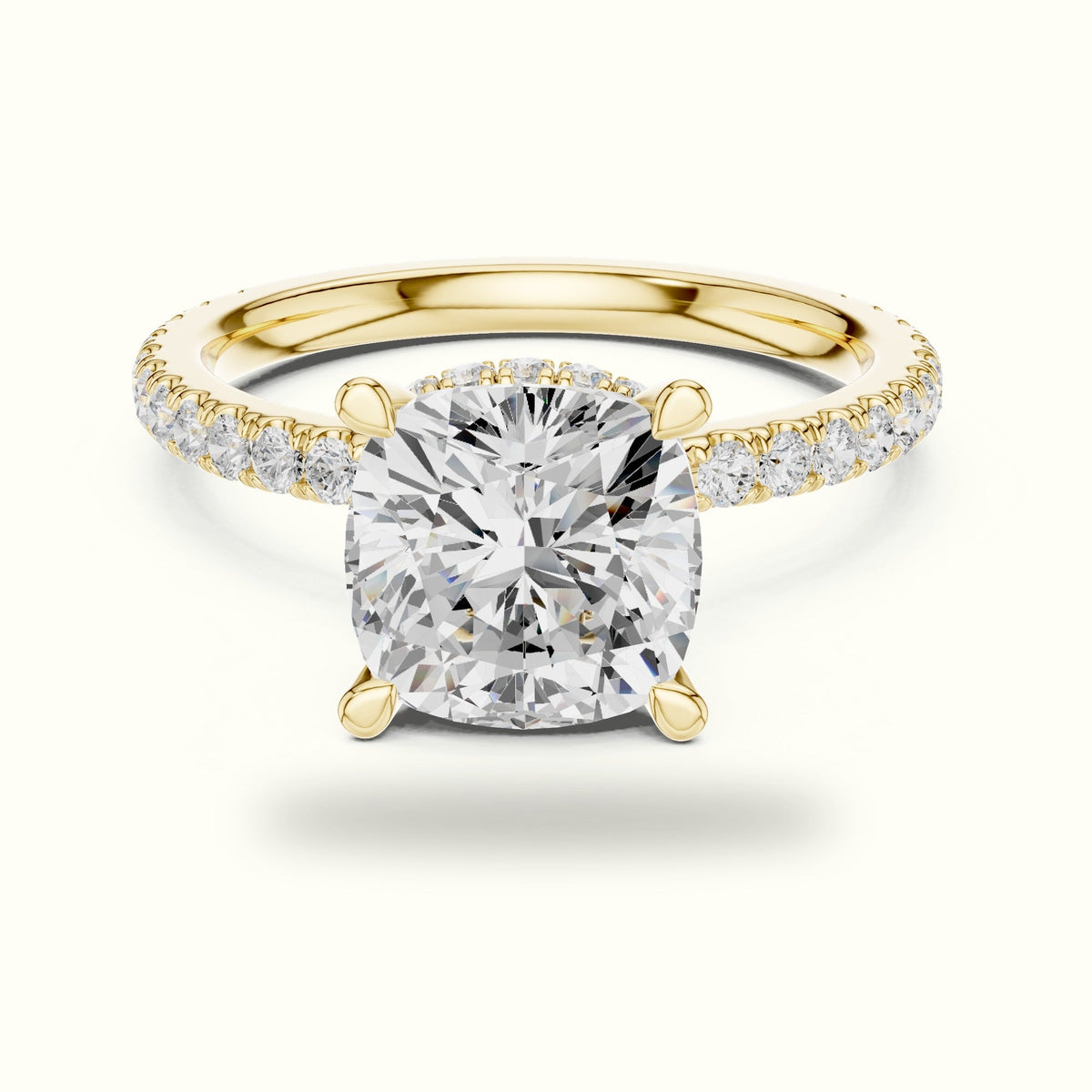 Cushion Double Hidden Halo Ring - DDLR-1017 — Yellow gold, front view | Crystal N Cuts