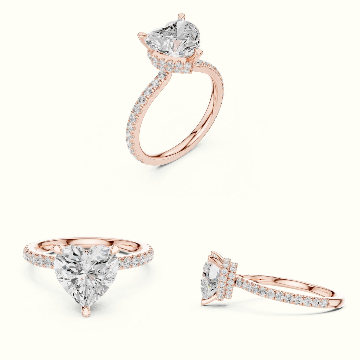 Heart Double Hidden Halo Pavé Engagement Ring - DDLR-1018 — Rose gold, on the hand | Crystal N Cuts