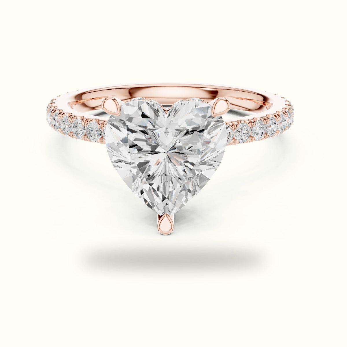 Heart Double Hidden Halo Pavé Engagement Ring - DDLR-1018 — Rose gold, front view | Crystal N Cuts