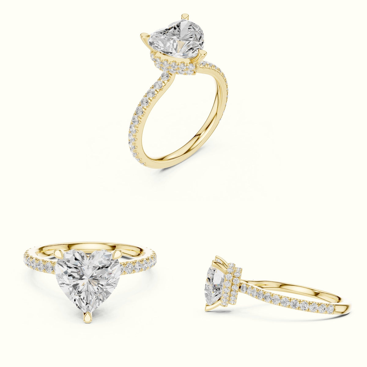 Heart Double Hidden Halo Pavé Engagement Ring - DDLR-1018 — Yellow gold, on the hand | Crystal N Cuts