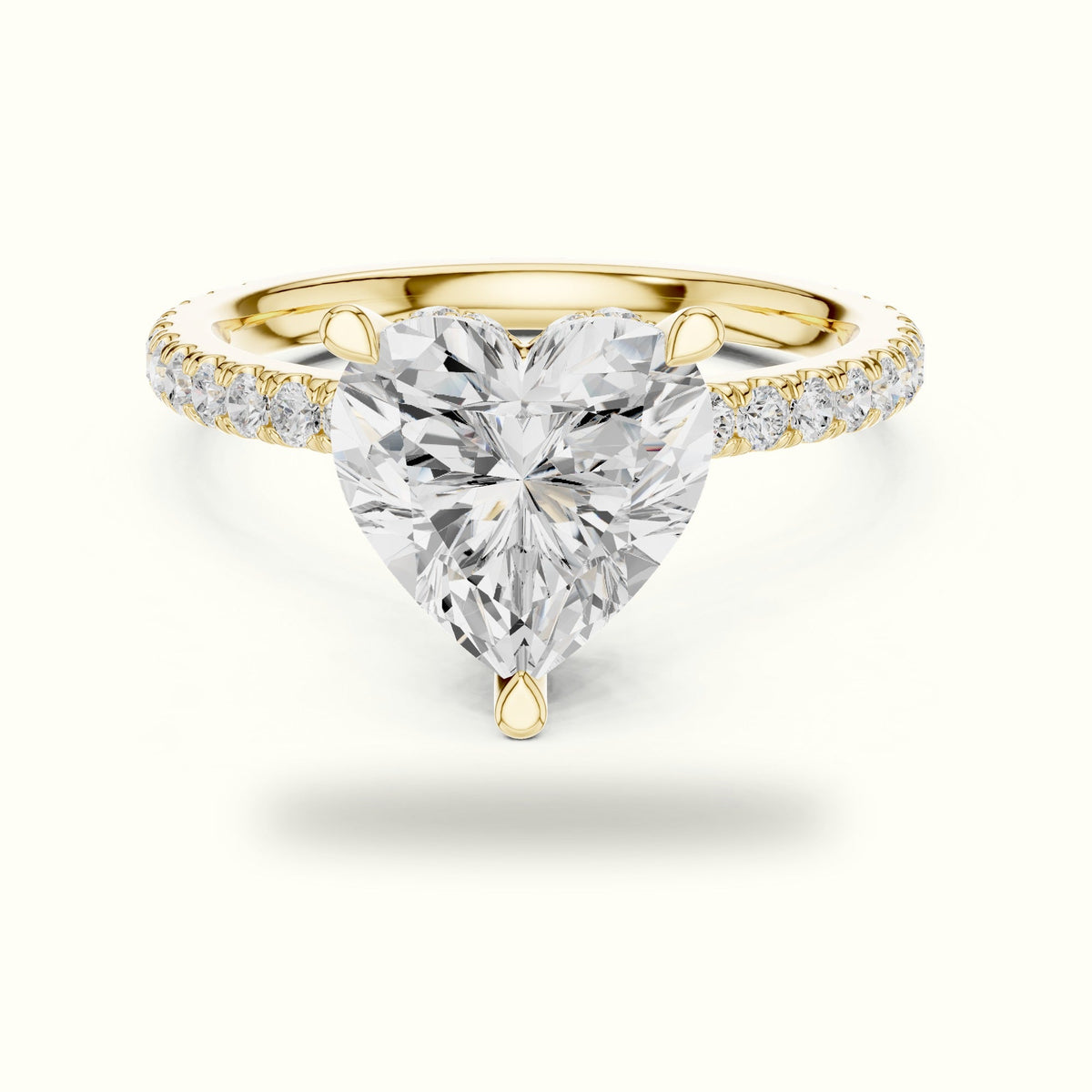 Heart Double Hidden Halo Pavé Engagement Ring - DDLR-1018 — Yellow gold, front view | Crystal N Cuts