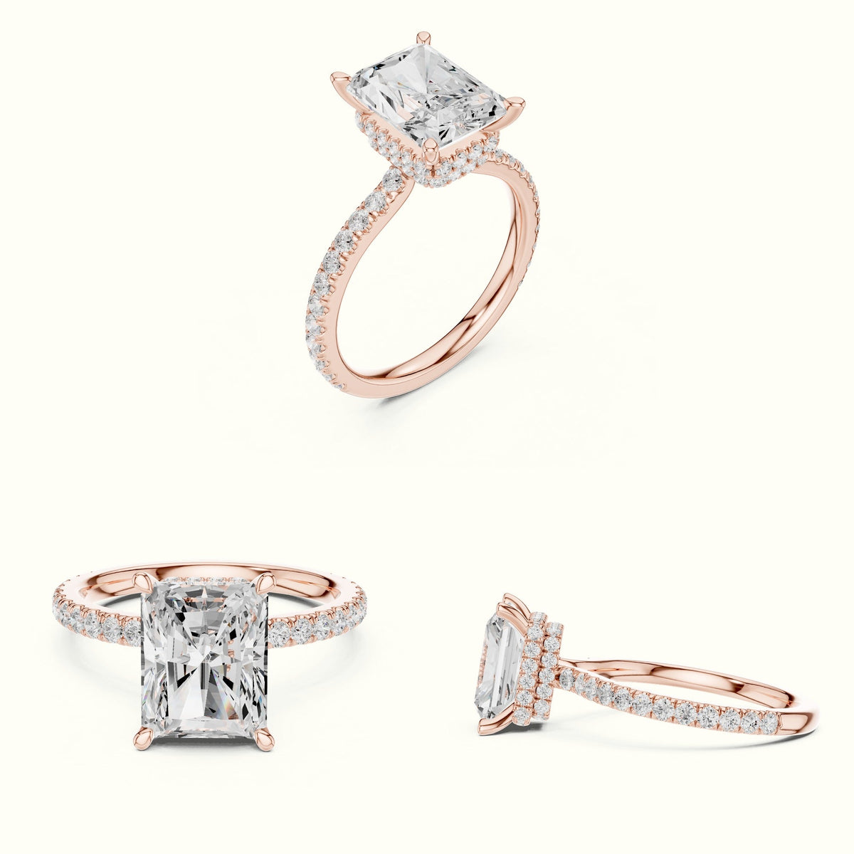 Radiant Double Hidden Halo Pavé Engagement Ring — Rose gold, on the hand | Crystal N Cuts