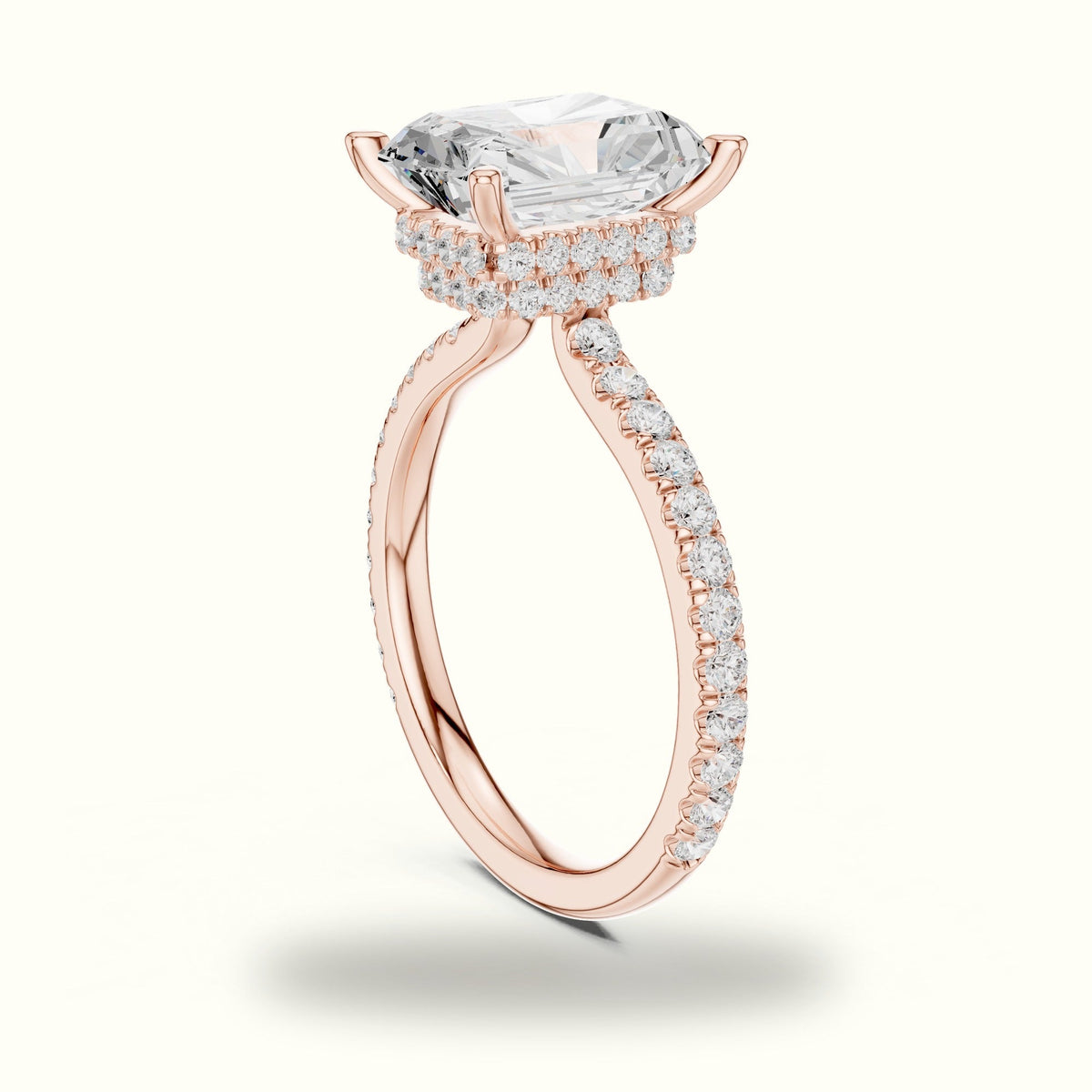 Radiant Double Hidden Halo Pavé Engagement Ring — Rose gold, view 1 | Crystal N Cuts