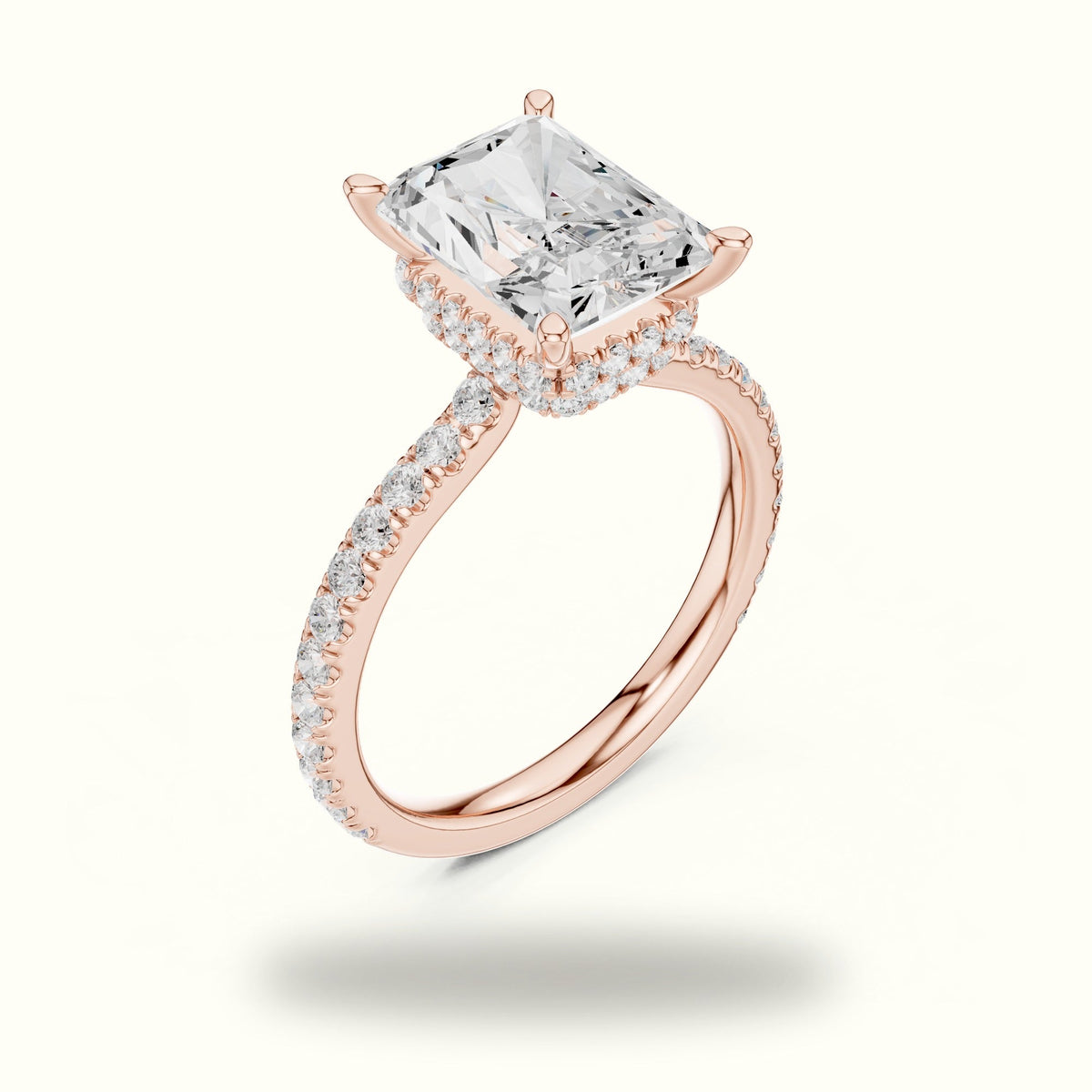 Radiant Double Hidden Halo Pavé Engagement Ring — Rose gold, view 2 | Crystal N Cuts