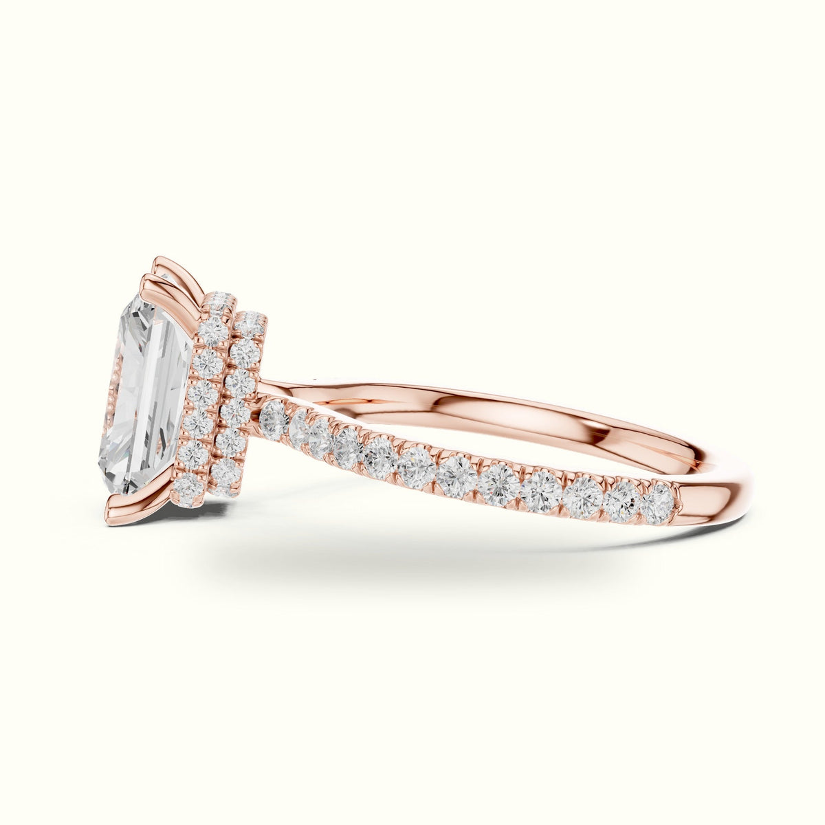 Radiant Double Hidden Halo Pavé Engagement Ring — Rose gold, view 3 | Crystal N Cuts