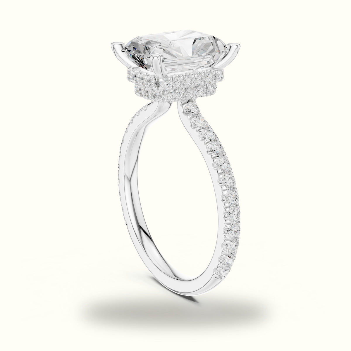Radiant Double Hidden Halo Pavé Engagement Ring — White gold, view 1 | Crystal N Cuts