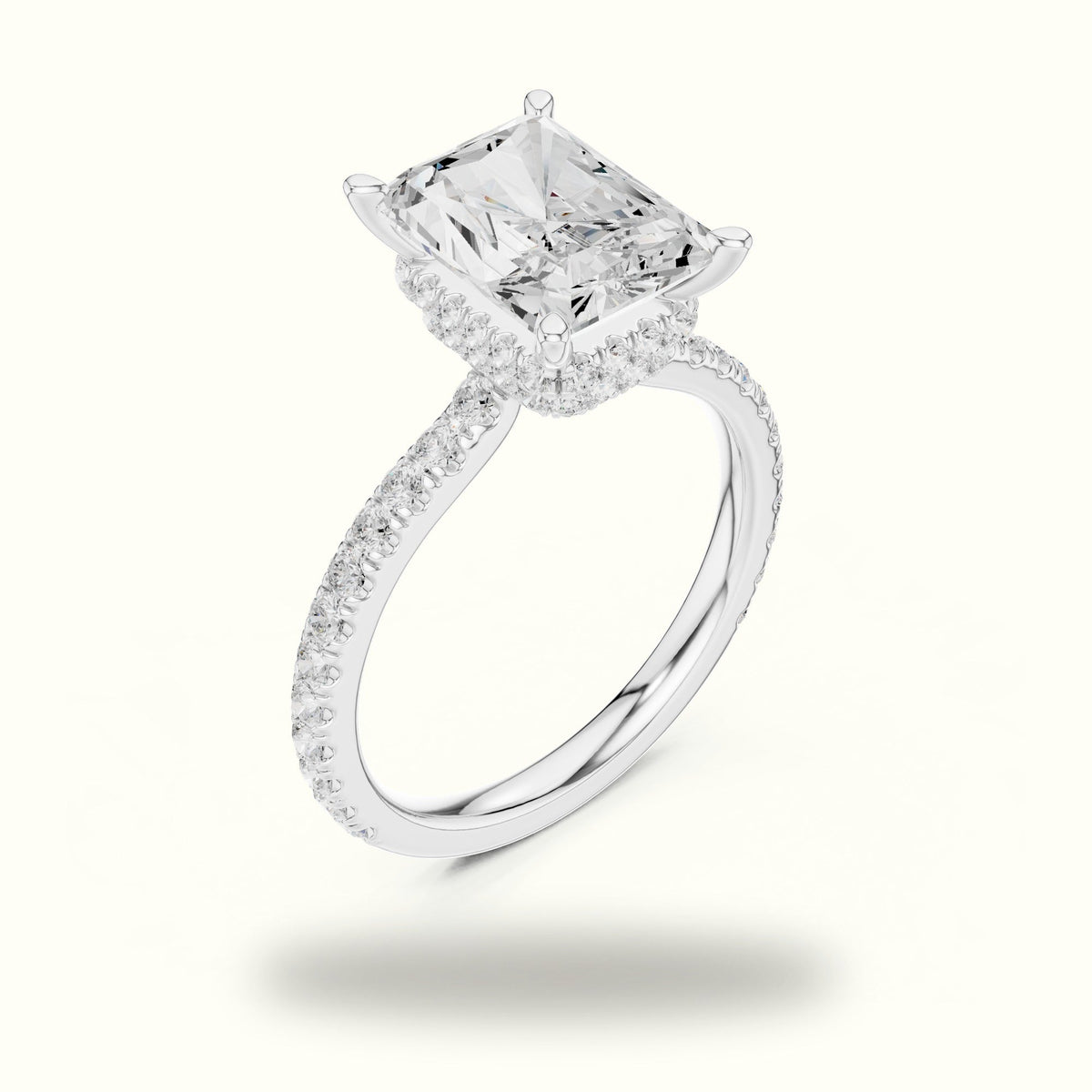 Radiant Double Hidden Halo Pavé Engagement Ring — White gold, view 2 | Crystal N Cuts