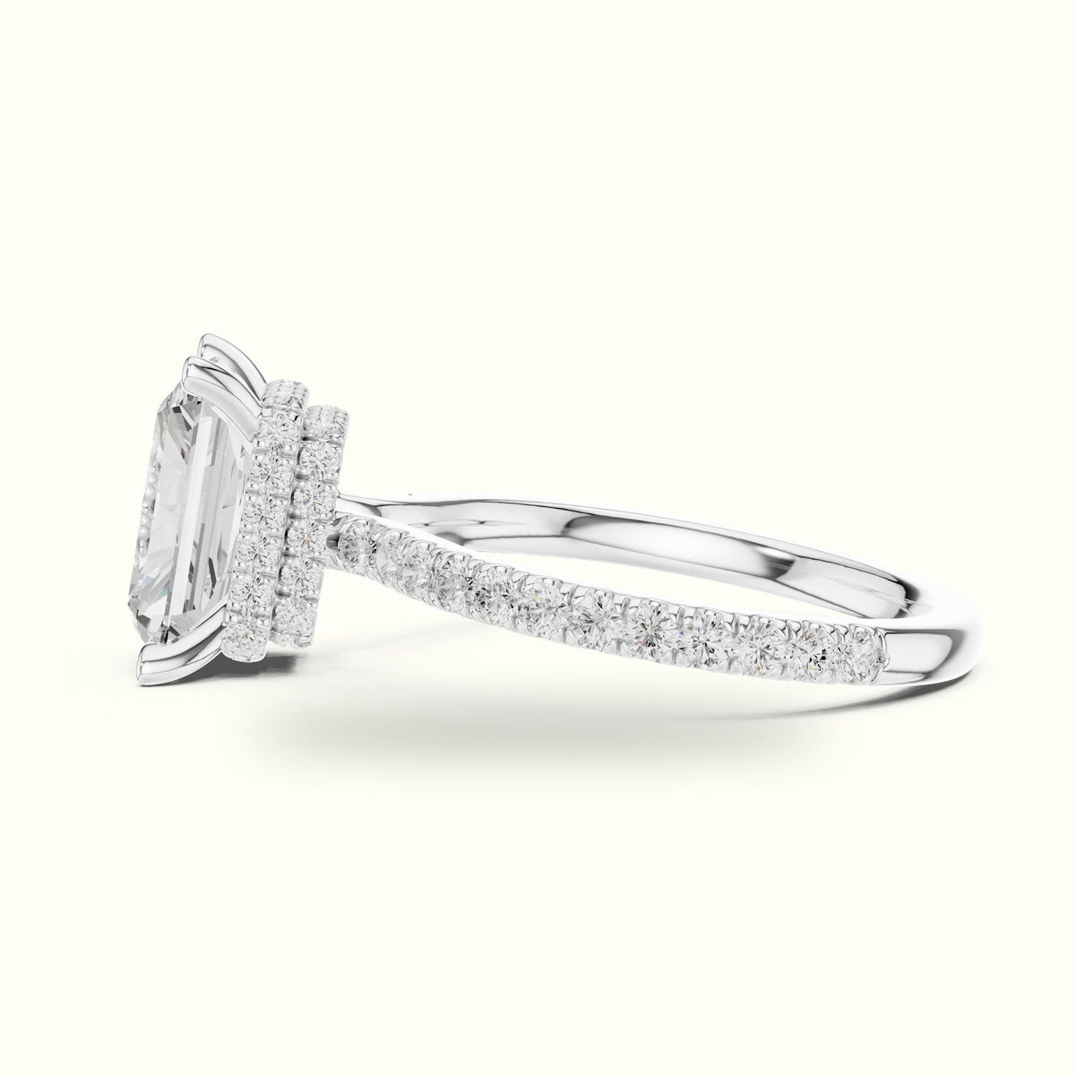 Radiant Double Hidden Halo Pavé Engagement Ring — White gold, view 3 | Crystal N Cuts