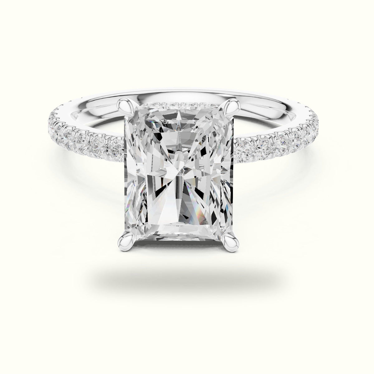 Radiant Double Hidden Halo Pavé Engagement Ring — White gold, front view | Crystal N Cuts