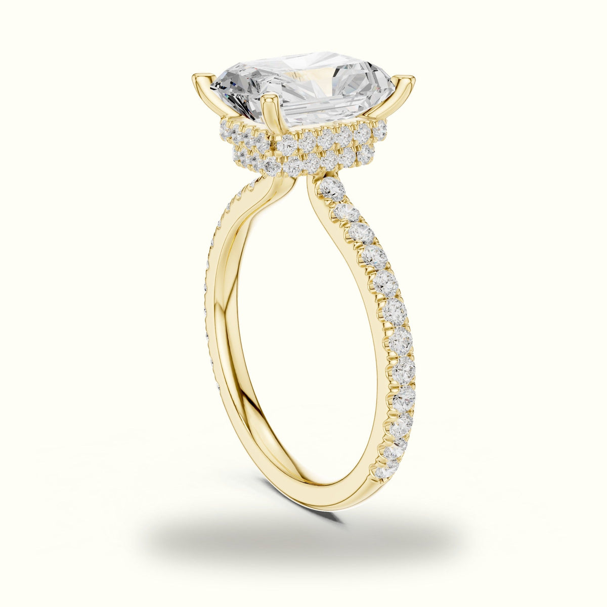 Radiant Double Hidden Halo Pavé Engagement Ring — Yellow gold, view 1 | Crystal N Cuts