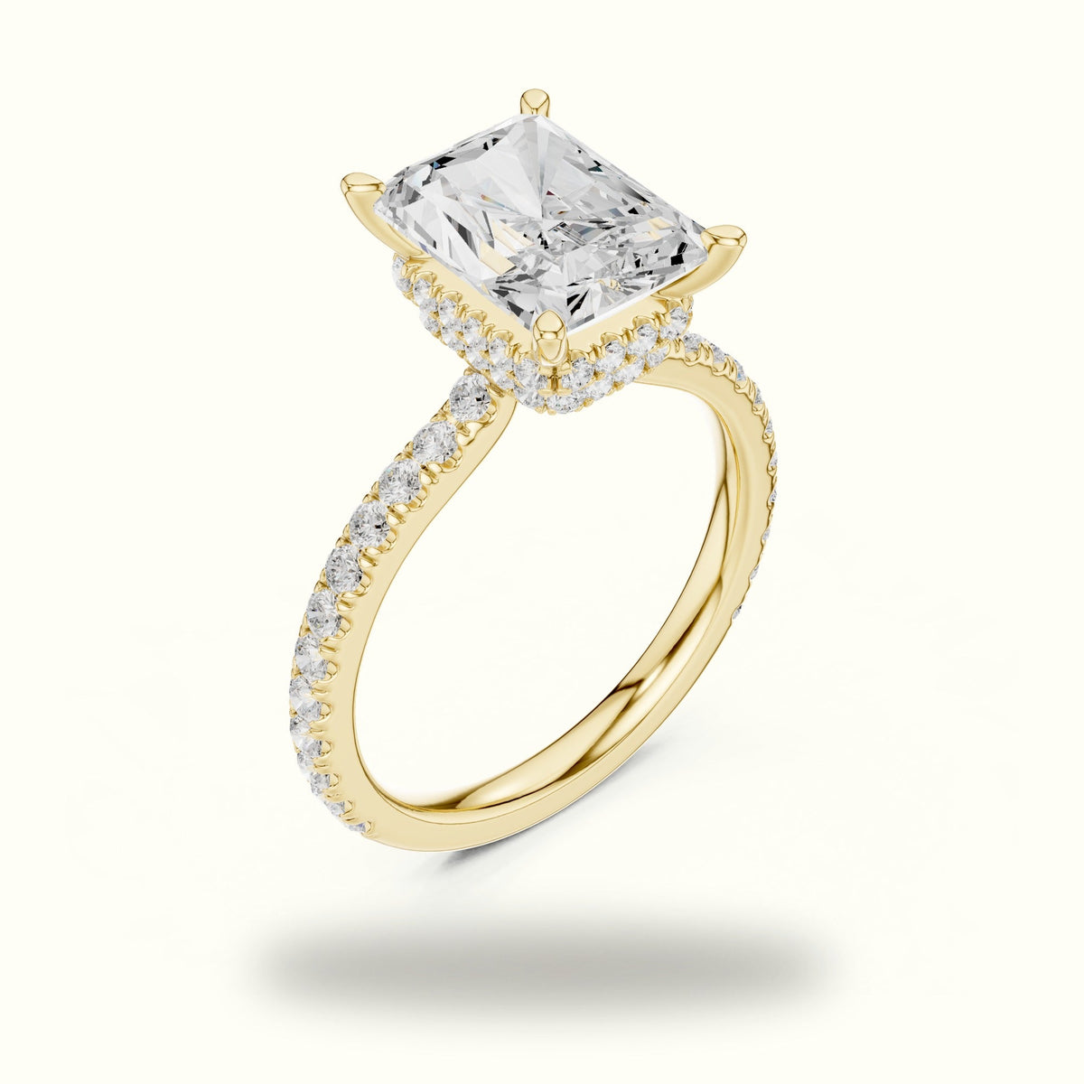 Radiant Double Hidden Halo Pavé Engagement Ring — Yellow gold, view 2 | Crystal N Cuts