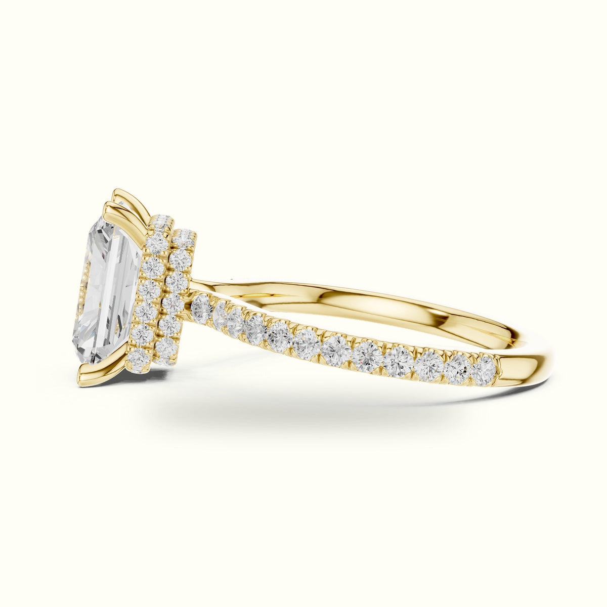 Radiant Double Hidden Halo Pavé Engagement Ring — Yellow gold, view 3 | Crystal N Cuts