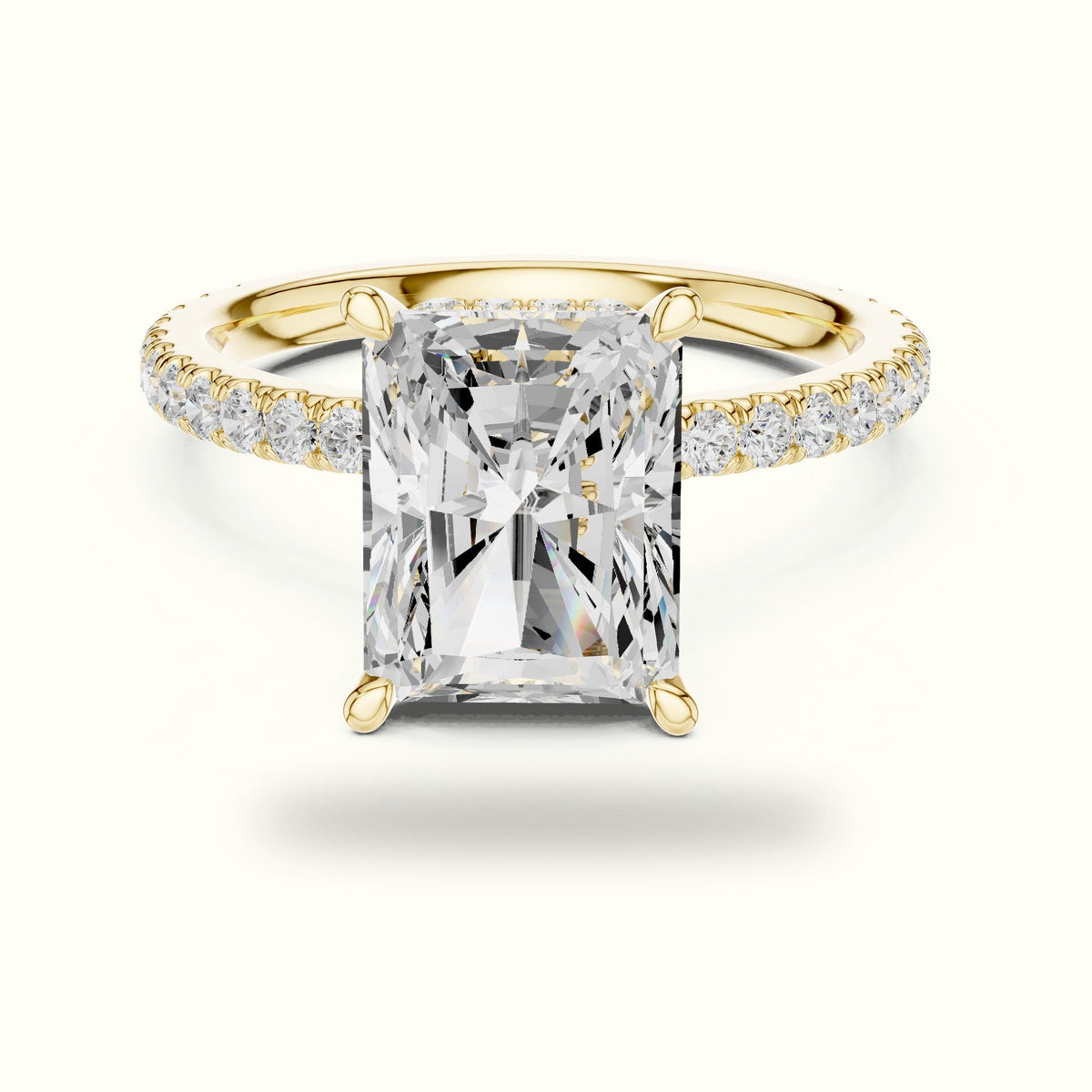 Radiant Double Hidden Halo Pavé Engagement Ring — Yellow gold, front view | Crystal N Cuts