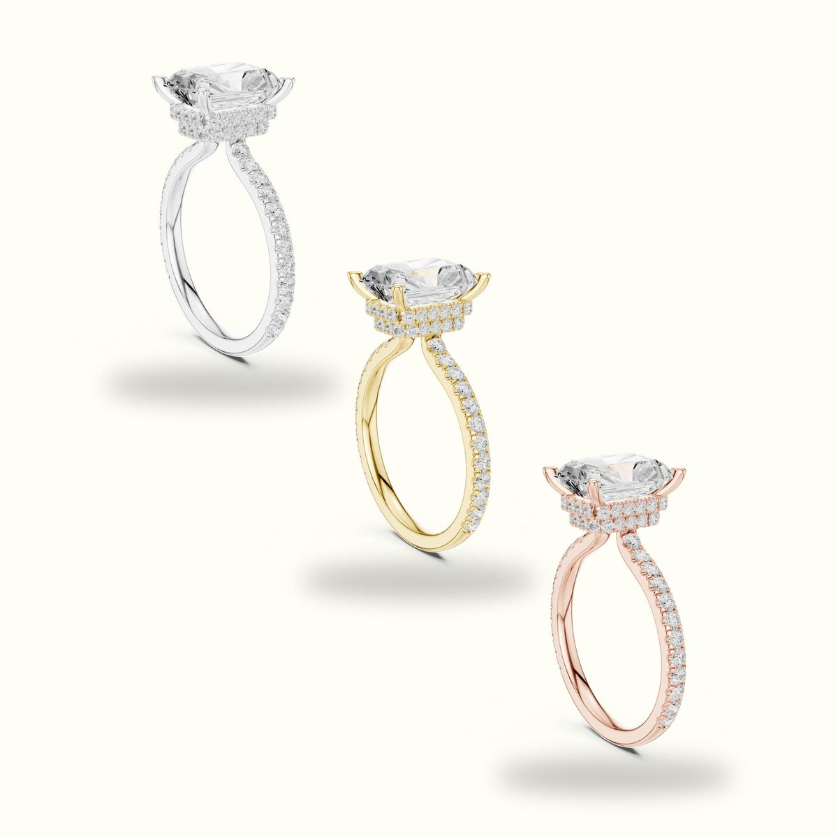 Radiant Double Hidden Halo Pavé Engagement Ring — White gold, in yellow, white and rose gold | Crystal N Cuts