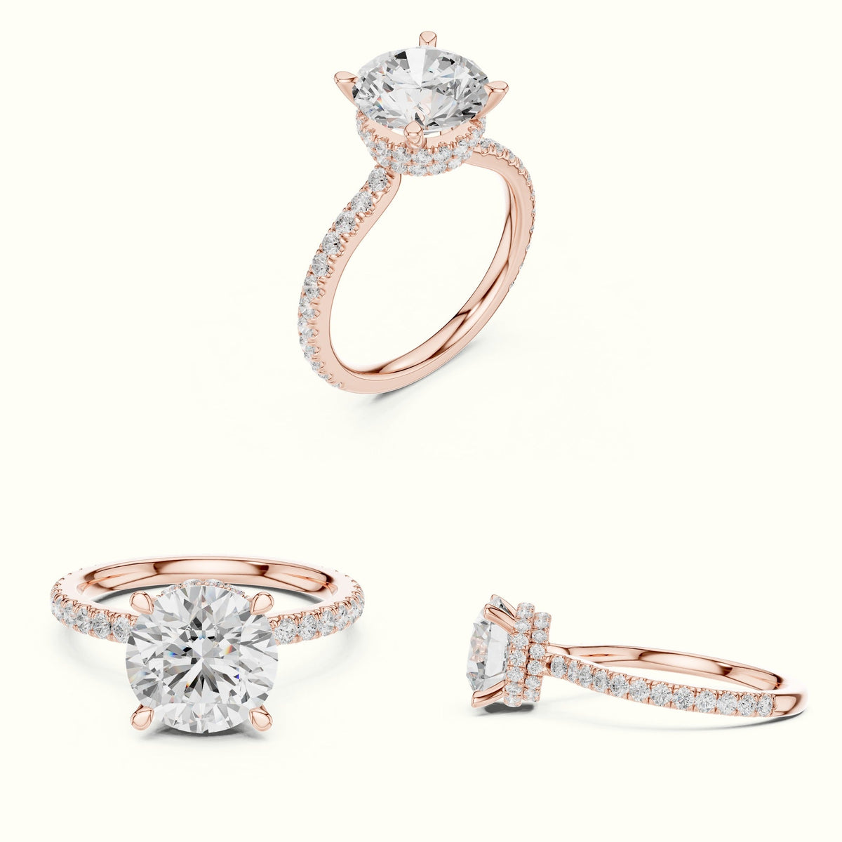 Round Double Hidden Halo Pavé Engagement Ring — Rose gold, on the hand | Crystal N Cuts