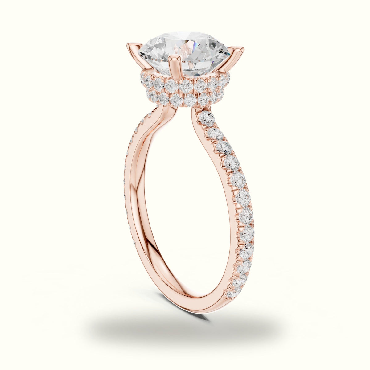 Round Double Hidden Halo Pavé Engagement Ring — Rose gold, view 1 | Crystal N Cuts