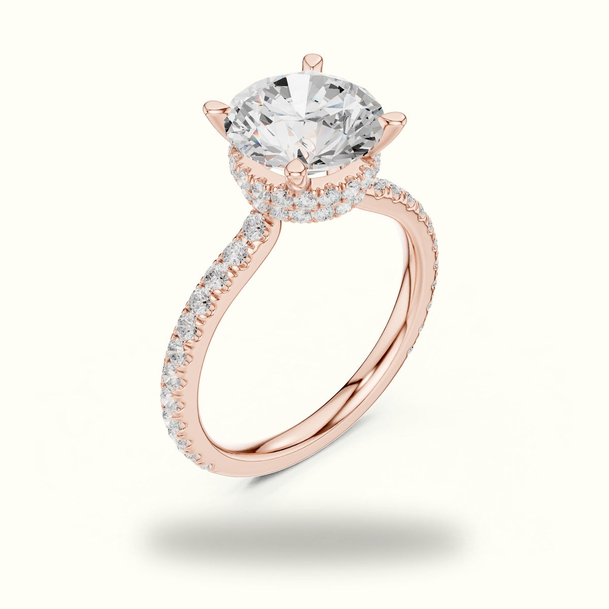 Round Double Hidden Halo Pavé Engagement Ring — Rose gold, view 2 | Crystal N Cuts