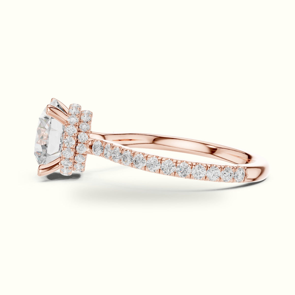 Round Double Hidden Halo Pavé Engagement Ring — Rose gold, view 3 | Crystal N Cuts