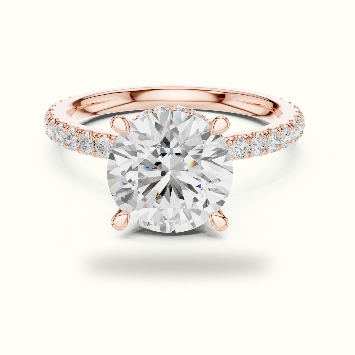Round Double Hidden Halo Pavé Engagement Ring — Rose gold, front view | Crystal N Cuts
