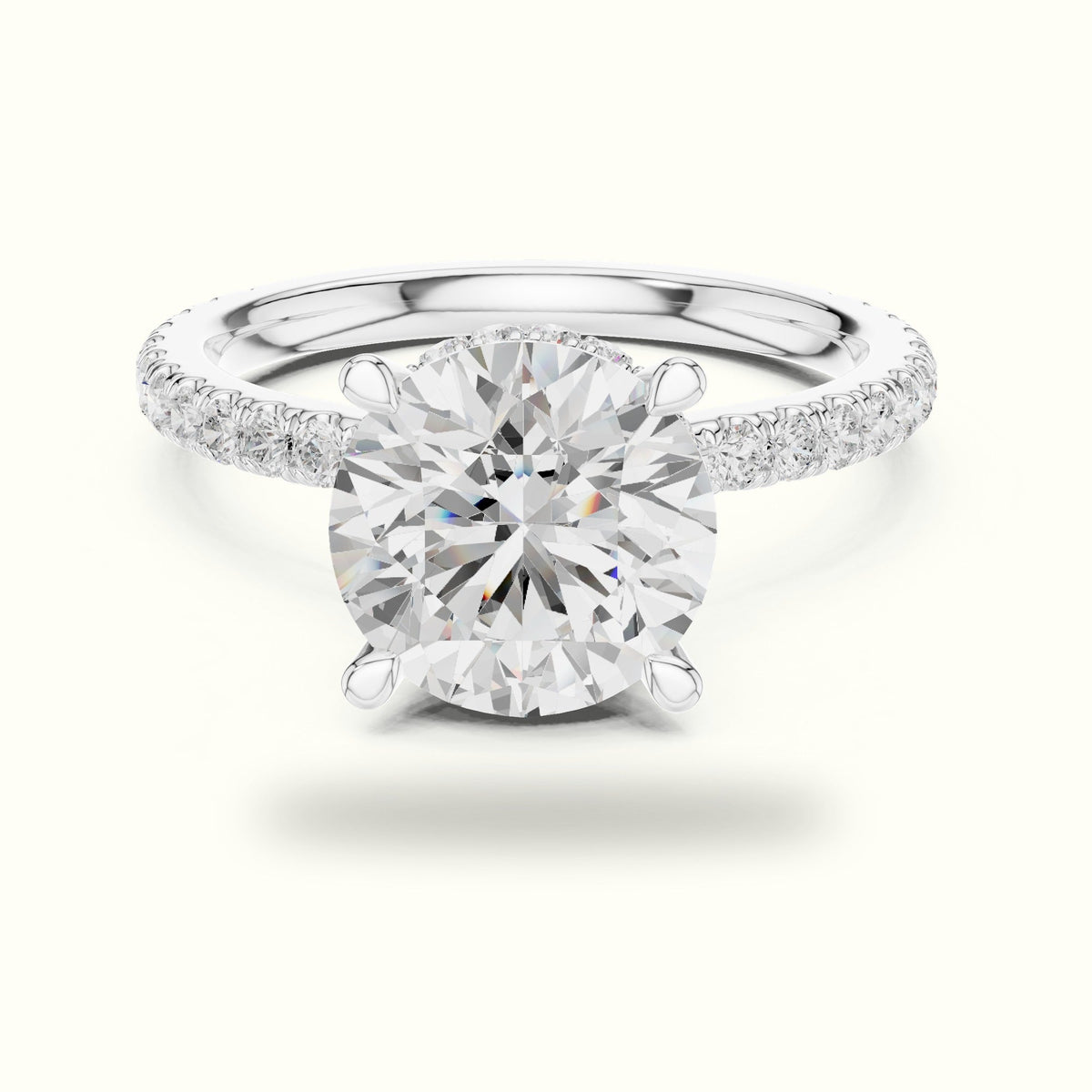 Round Double Hidden Halo Pavé Engagement Ring — White gold, front view | Crystal N Cuts