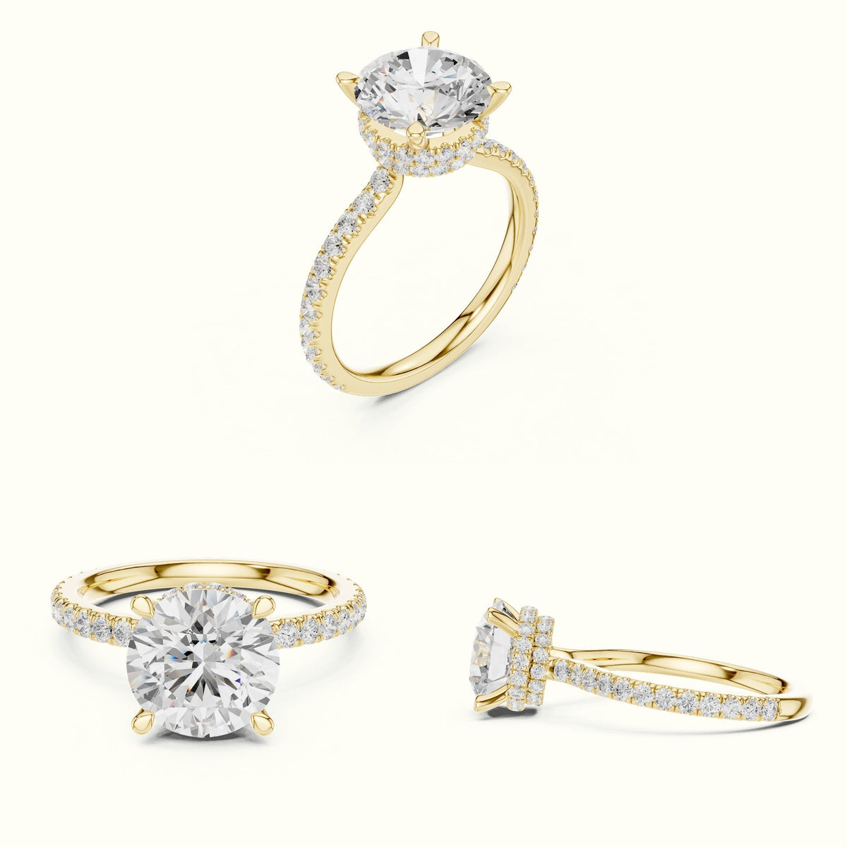 Round Double Hidden Halo Pavé Engagement Ring — Yellow gold, on the hand | Crystal N Cuts