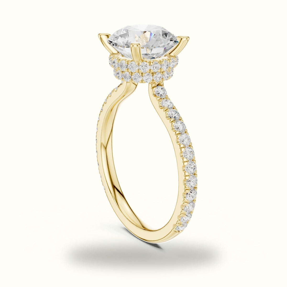 Round Double Hidden Halo Pavé Engagement Ring — Yellow gold, view 1 | Crystal N Cuts