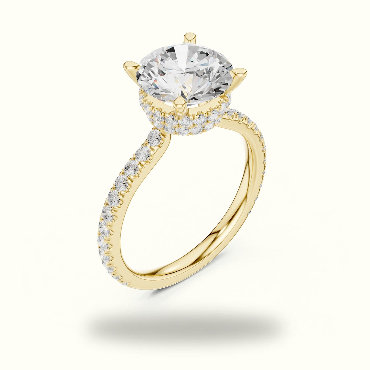 Round Double Hidden Halo Pavé Engagement Ring — Yellow gold, view 2 | Crystal N Cuts