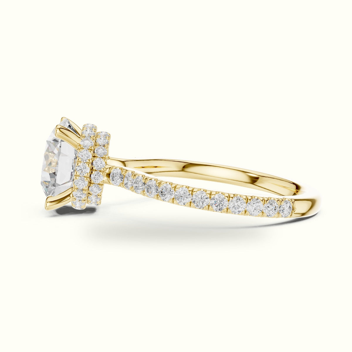 Round Double Hidden Halo Pavé Engagement Ring — Yellow gold, view 3 | Crystal N Cuts