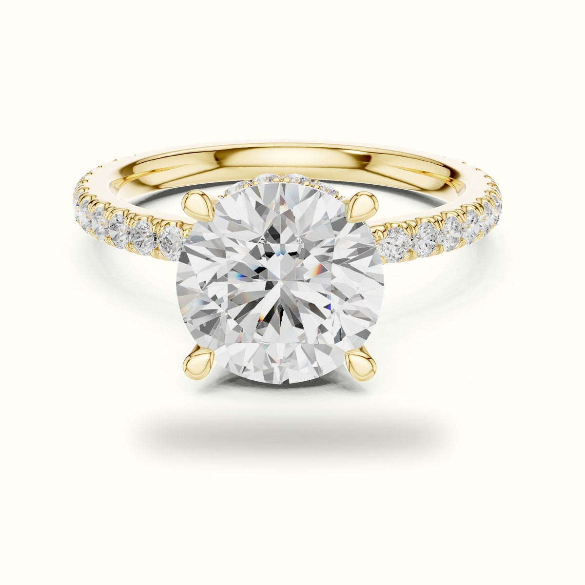 Round Double Hidden Halo Pavé Engagement Ring — Yellow gold, front view | Crystal N Cuts