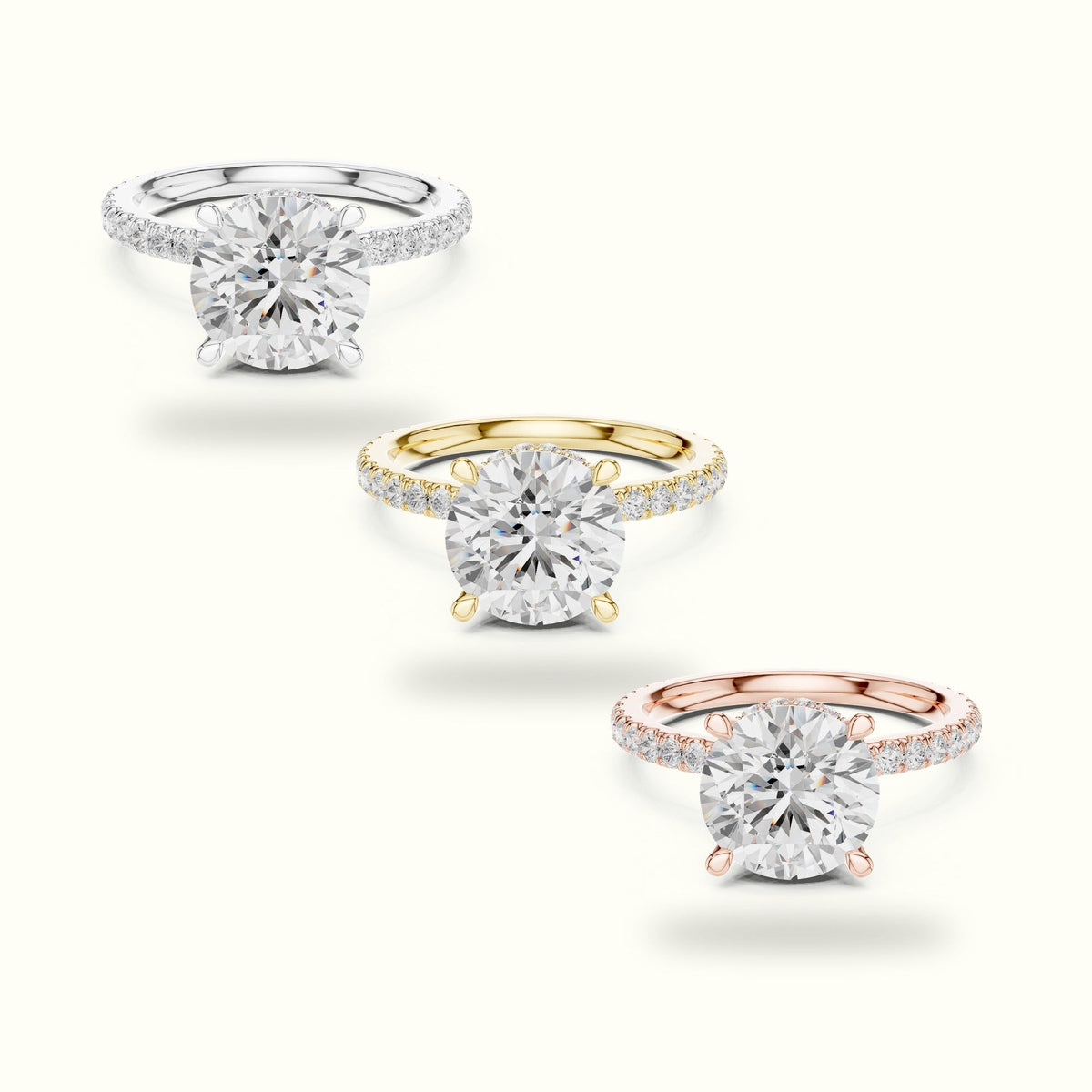 Round Double Hidden Halo Pavé Engagement Ring — Rose gold, front view | Crystal N Cuts