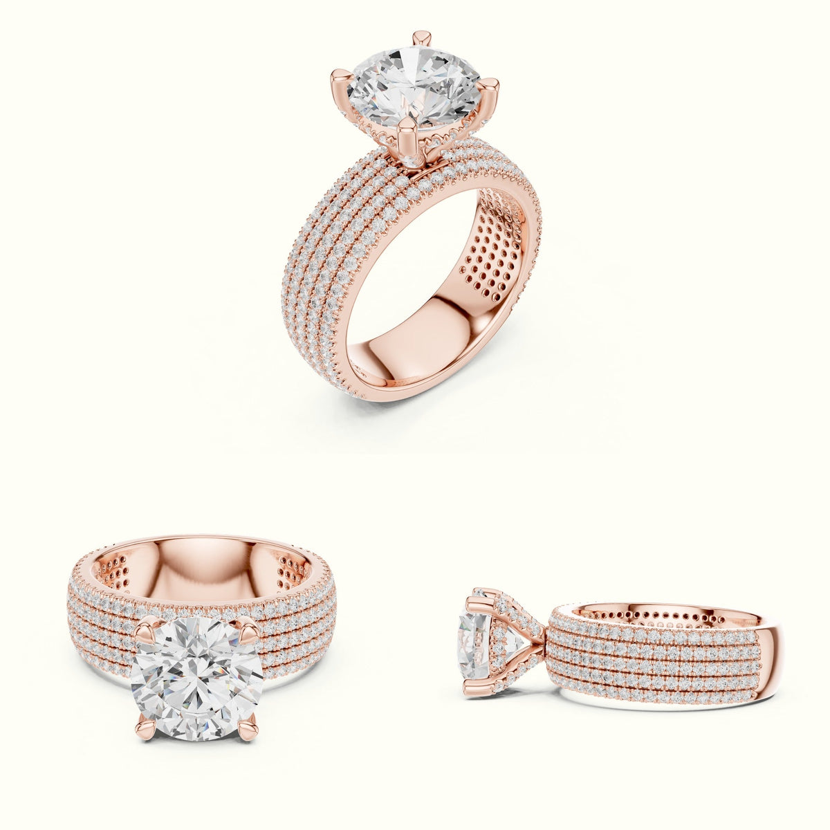 Round Wide Band Pavé Engagement Ring — Rose gold, on the hand | Crystal N Cuts