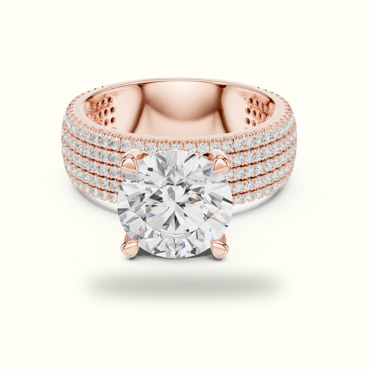 Round Wide Band Pavé Engagement Ring — Rose gold, front view | Crystal N Cuts