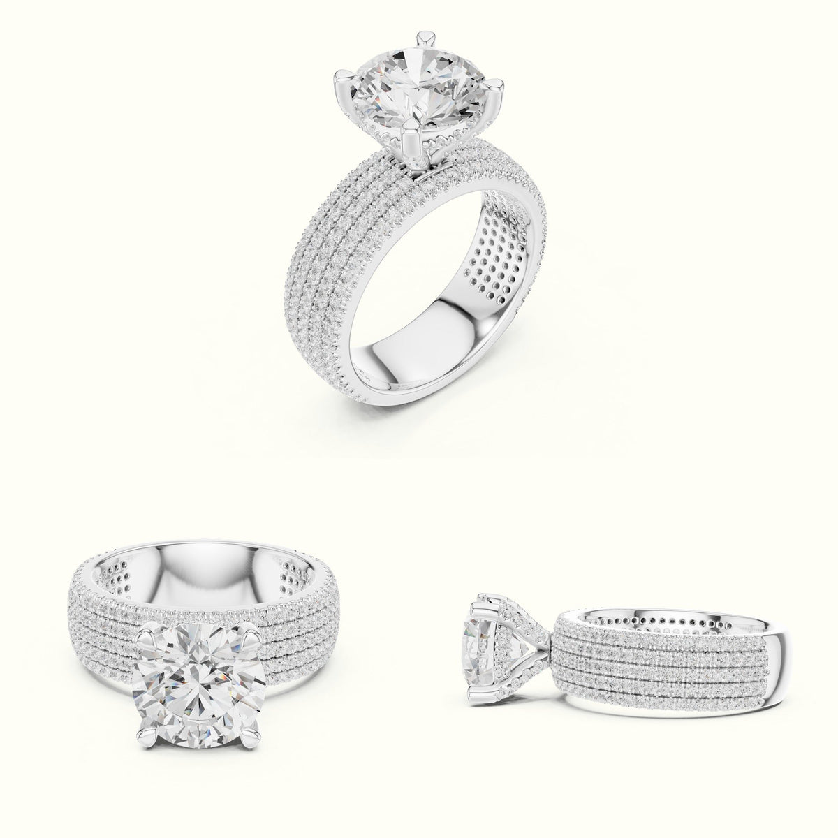 Round Wide Band Pavé Engagement Ring — White gold, on the hand | Crystal N Cuts