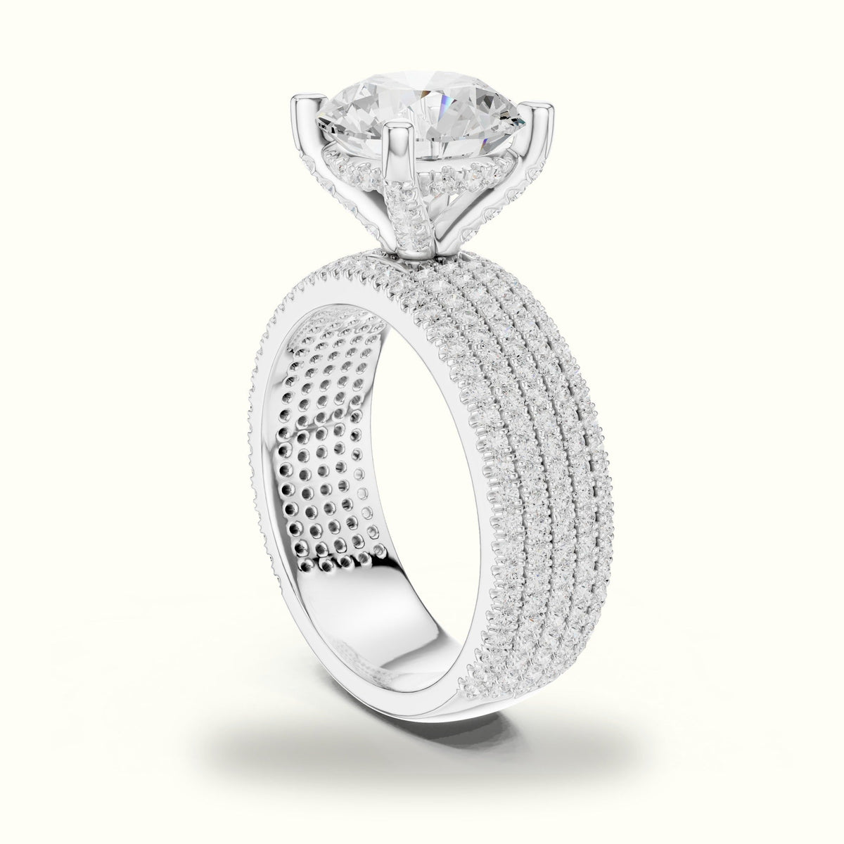 Round Wide Band Pavé Engagement Ring — White gold, view 1 | Crystal N Cuts