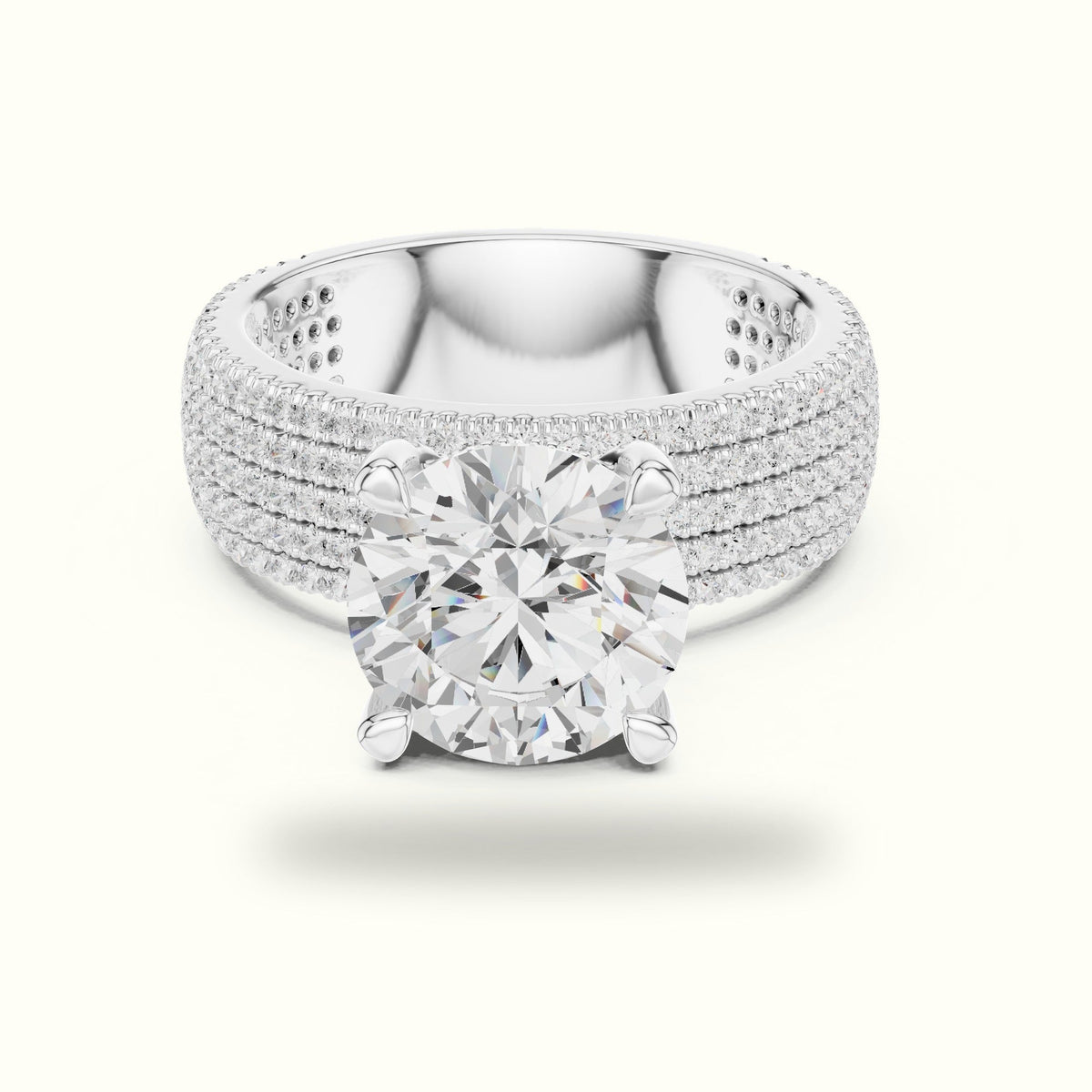 Round Wide Band Pavé Engagement Ring — White gold, front view | Crystal N Cuts