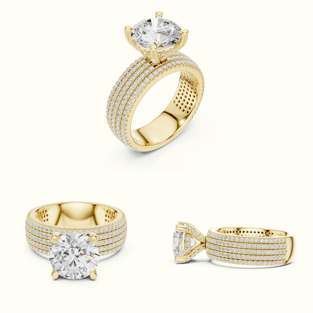 Round Wide Band Pavé Engagement Ring — Yellow gold, on the hand | Crystal N Cuts
